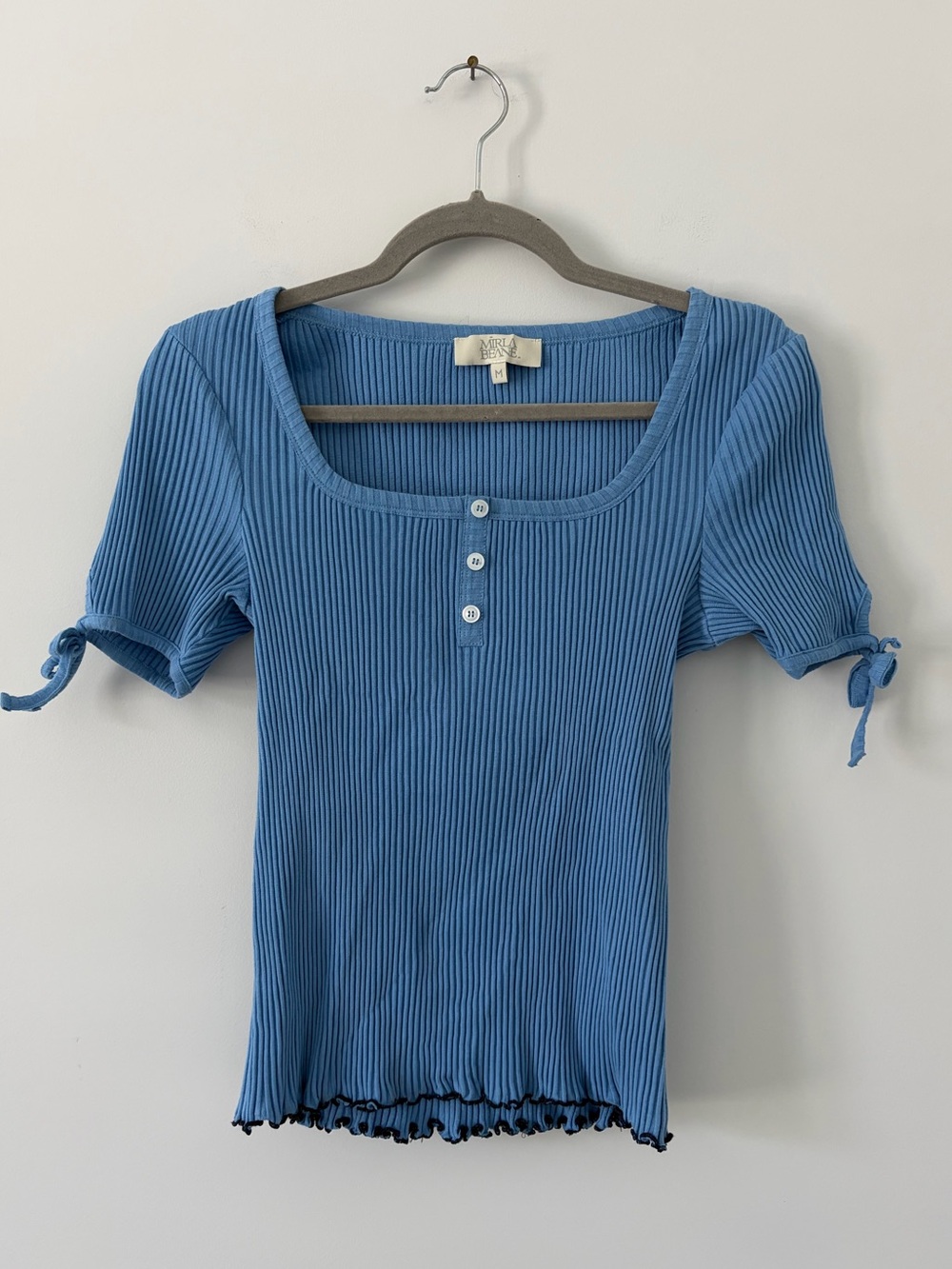 Mirla Beane Ribbed Knit Tie Short Sleeve Organic Cotton Top Blue M